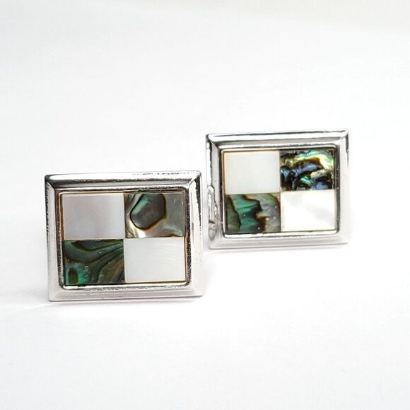 Vintage MOP Mother of Pearl Abalone Shell Cuff Links Checkerboard Geometric - Picture 1 of 3